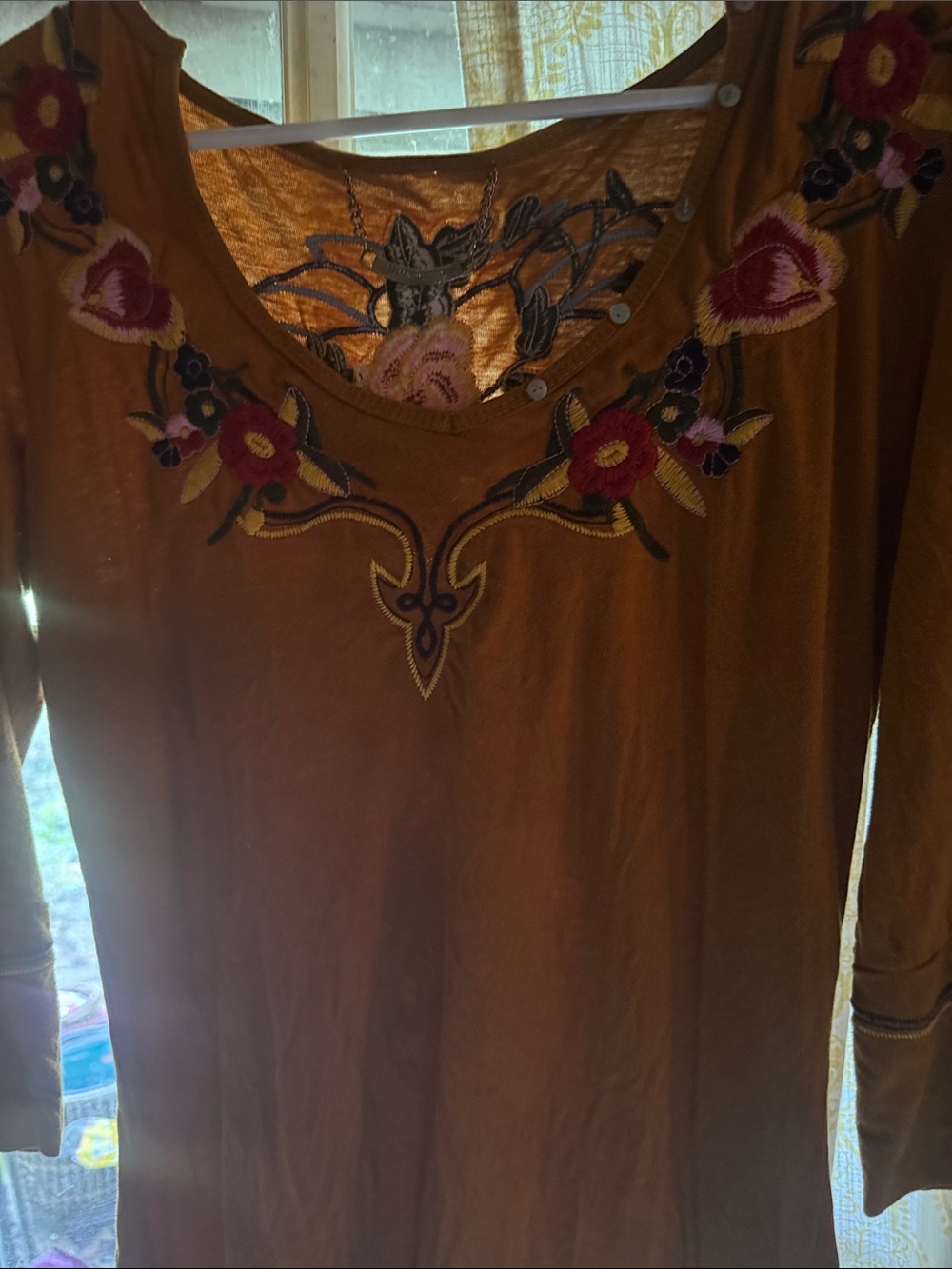 Jella Couture Mustard Long Sleeve Tee with Floral Embroidery Accent